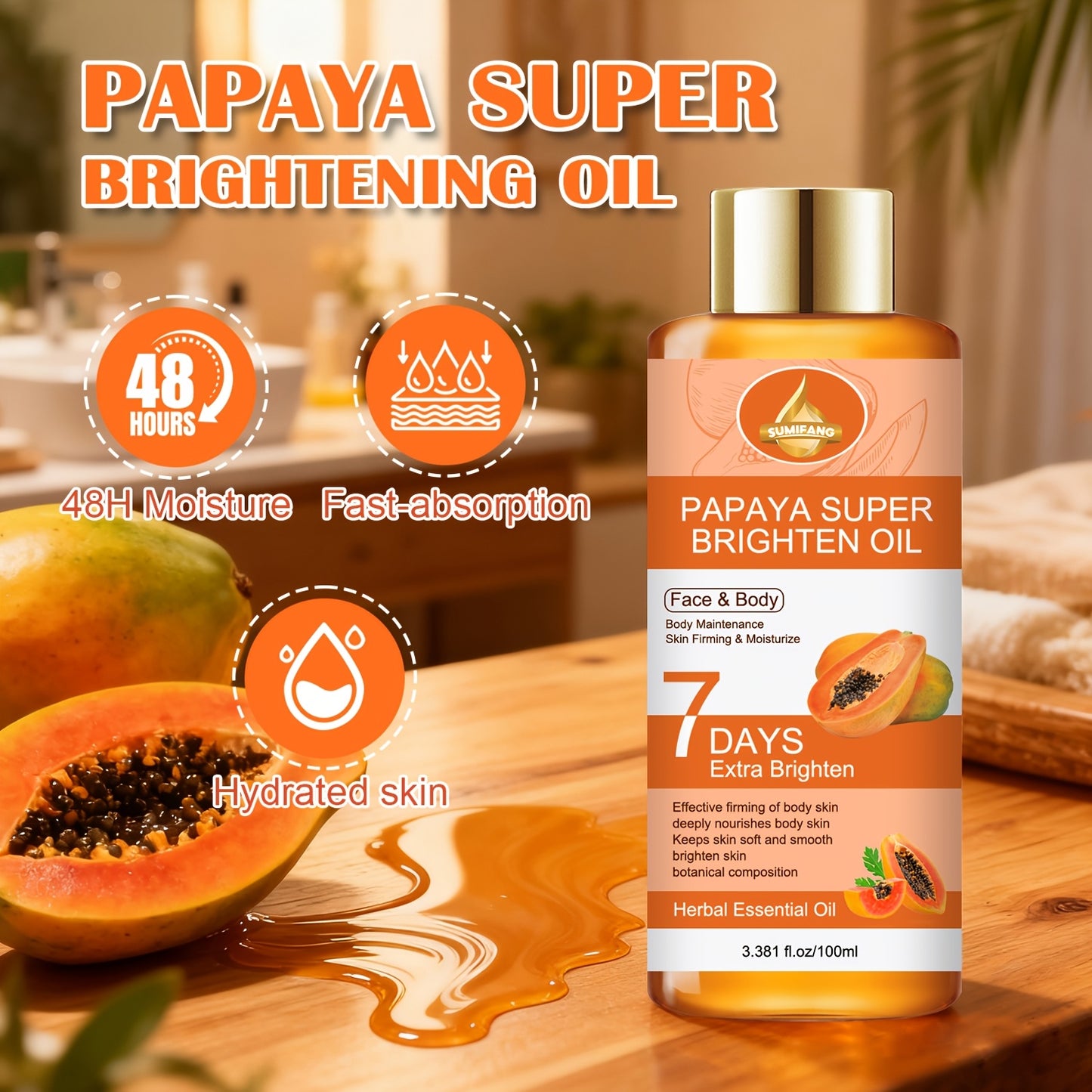 Papaya Brightening Oil | Contains Papaya, Aloe Vera, Acid, Tightens And Deeply Nourishes Body Skin, Locks in Moisture, Keeps Skin Soft And Smooth, Brightens Complexion with Plant-Based Formula, Moisturizing for All Skin Types