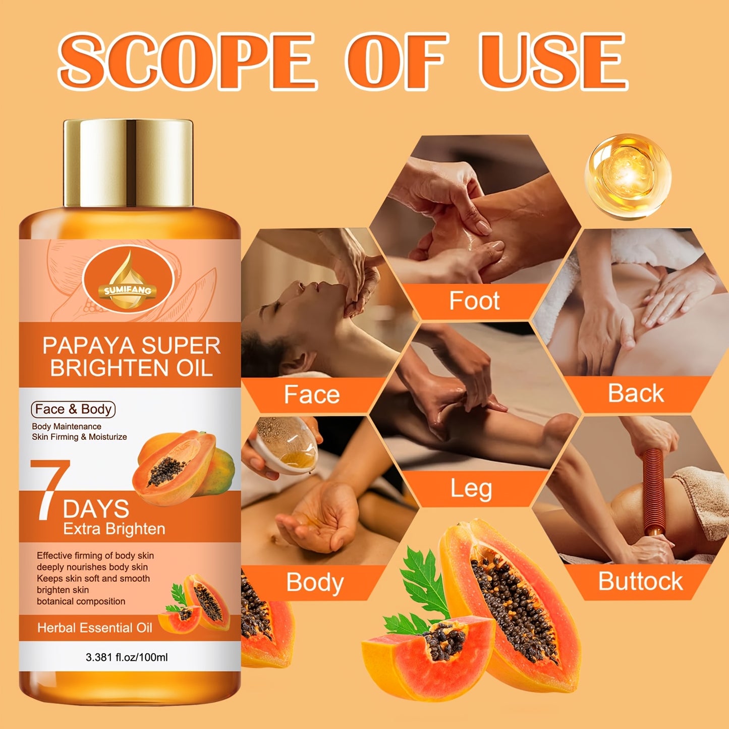 Papaya Brightening Oil | Contains Papaya, Aloe Vera, Acid, Tightens And Deeply Nourishes Body Skin, Locks in Moisture, Keeps Skin Soft And Smooth, Brightens Complexion with Plant-Based Formula, Moisturizing for All Skin Types